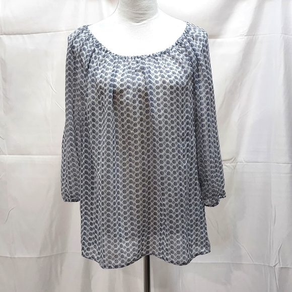 Daisy Fuentes Tops - Daisy Fuentes White and Blue Mandela Print Sheer Blouse, Size XL